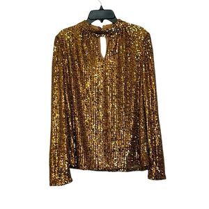 Cable & Gauge | Gold Sequin Puff Long Sleeve Mock neck Keyhole Blouse Shirt